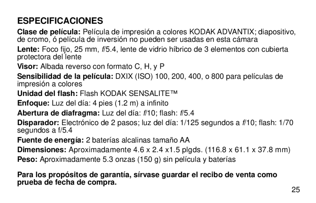 Kodak 2100 manual Especificaciones 