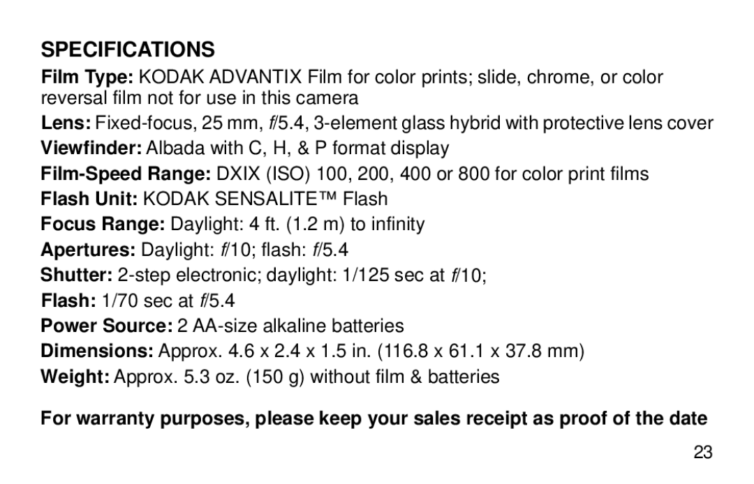 Kodak 2100AUTO manual Specifications 