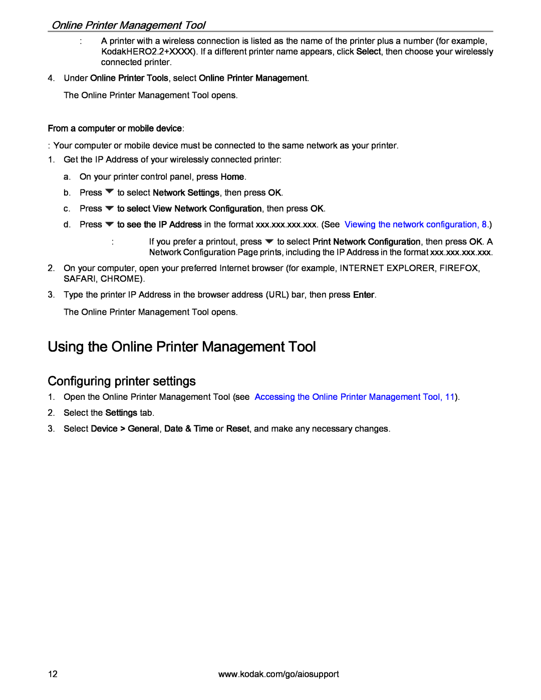 Kodak 2.2 manual Using the Online Printer Management Tool, Configuring printer settings, From a computer or mobile device 
