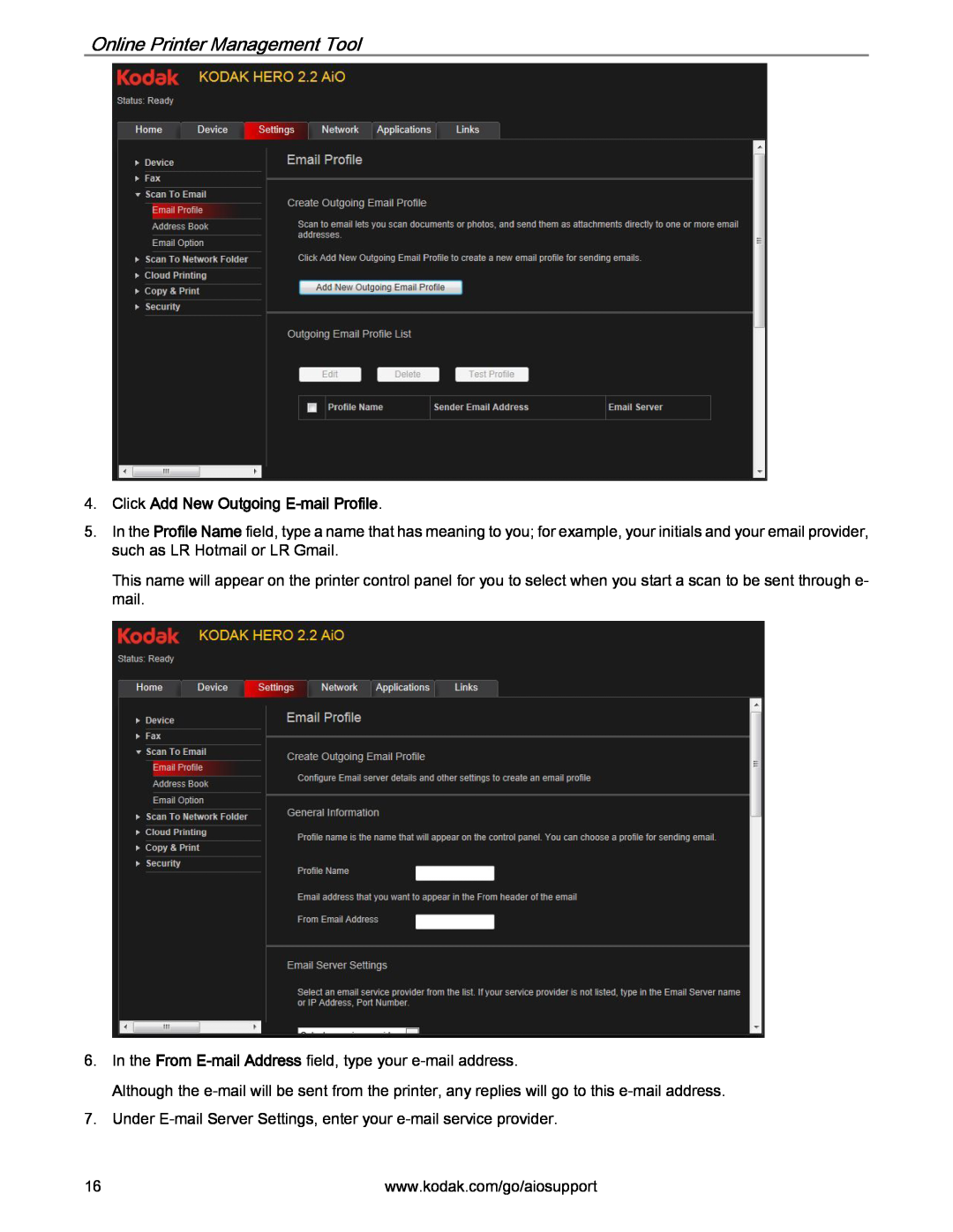 Kodak 2.2 manual Click Add New Outgoing E-mail Profile, Online Printer Management Tool 