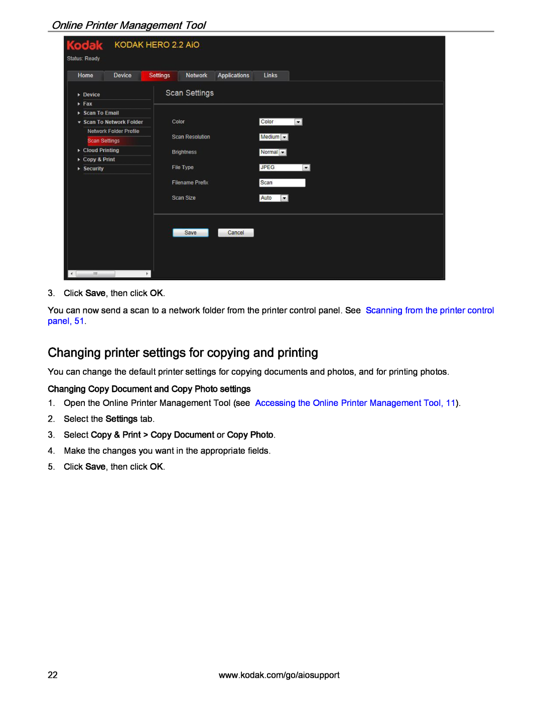 Kodak 2.2 manual Changing printer settings for copying and printing, Changing Copy Document and Copy Photo settings 