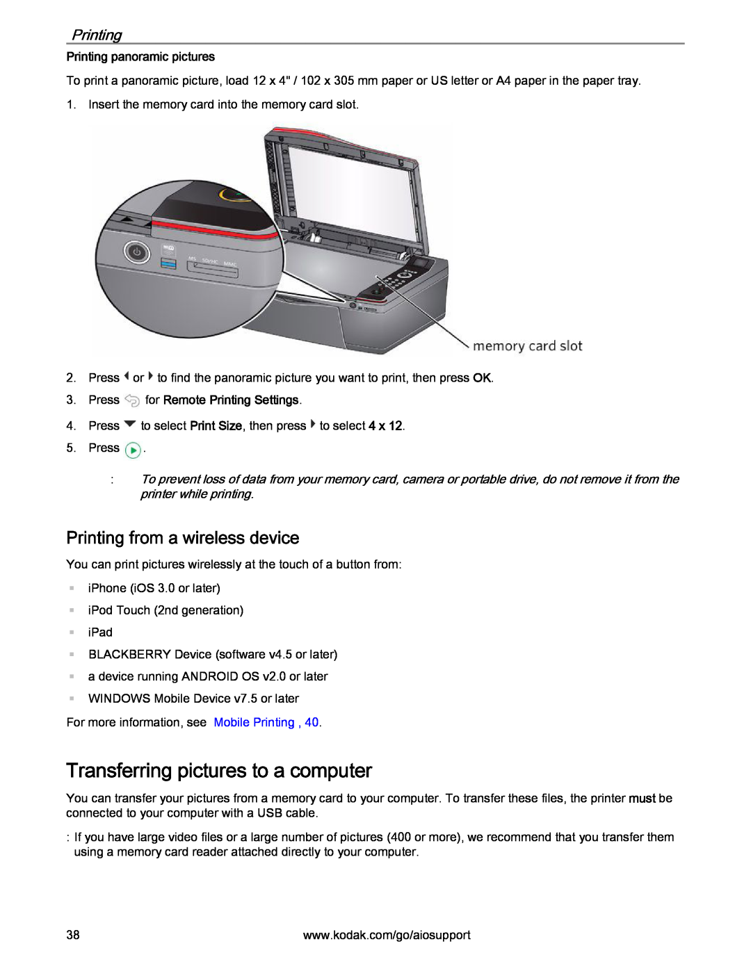 Kodak 2.2 manual Transferring pictures to a computer, Printing from a wireless device, Printing panoramic pictures 