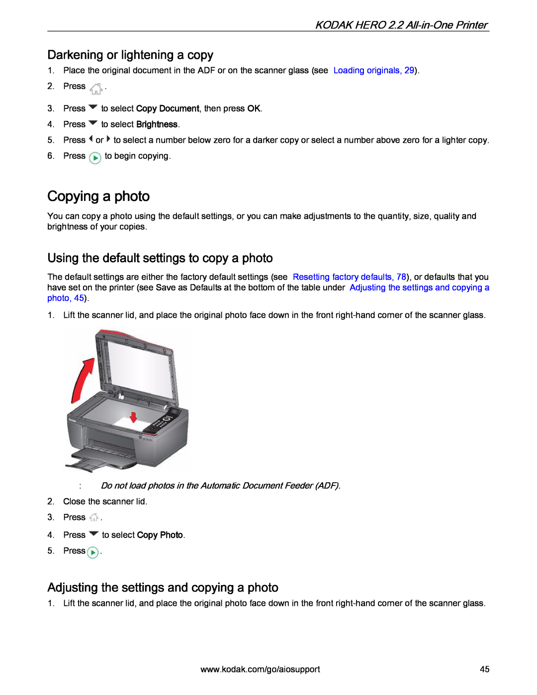 Kodak 2.2 manual Copying a photo, Darkening or lightening a copy, Using the default settings to copy a photo 