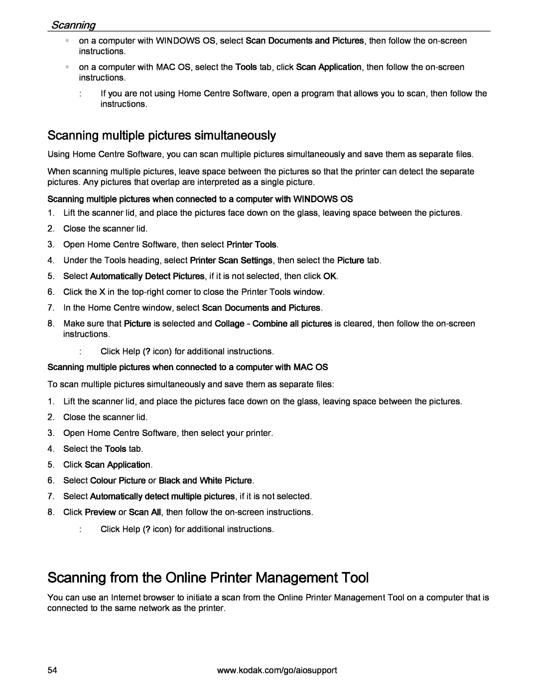 Kodak 2.2 manual Scanning from the Online Printer Management Tool, Scanning multiple pictures simultaneously 
