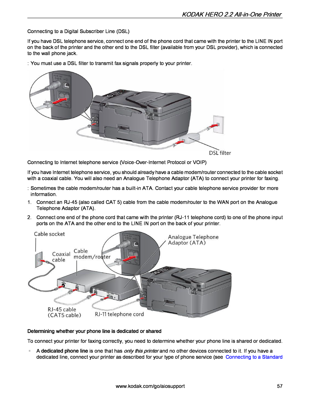 Kodak manual Determining whether your phone line is dedicated or shared, KODAK HERO 2.2 All-in-One Printer 