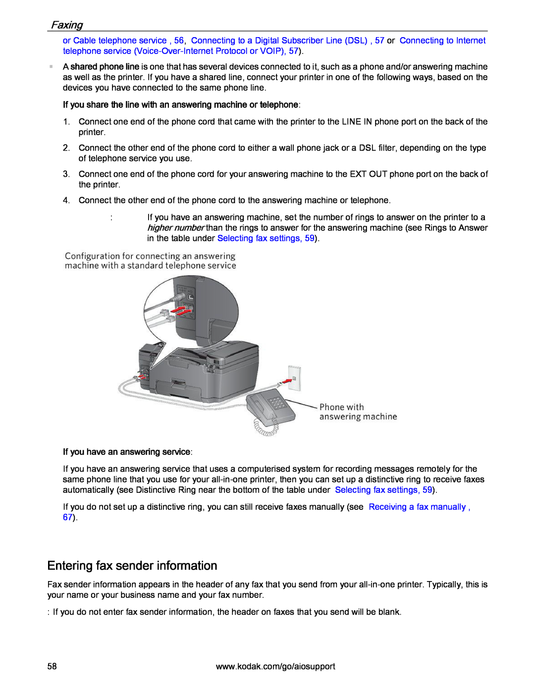 Kodak 2.2 manual Entering fax sender information, Faxing, If you share the line with an answering machine or telephone 