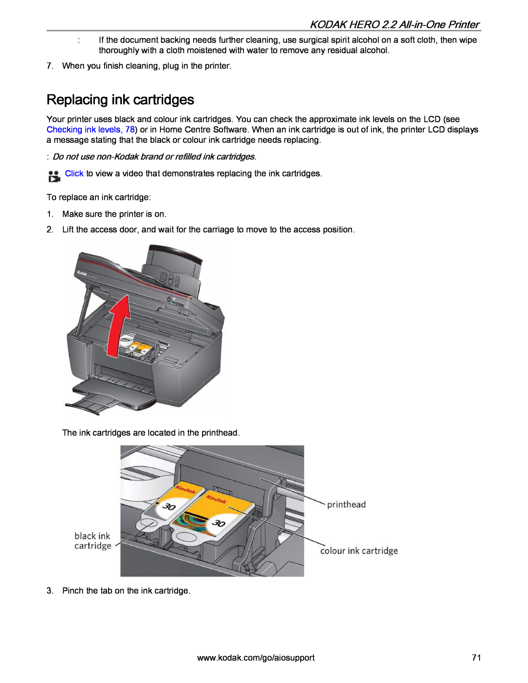 Kodak 2.2 manual Replacing ink cartridges, Do not use non-Kodak brand or refilled ink cartridges 