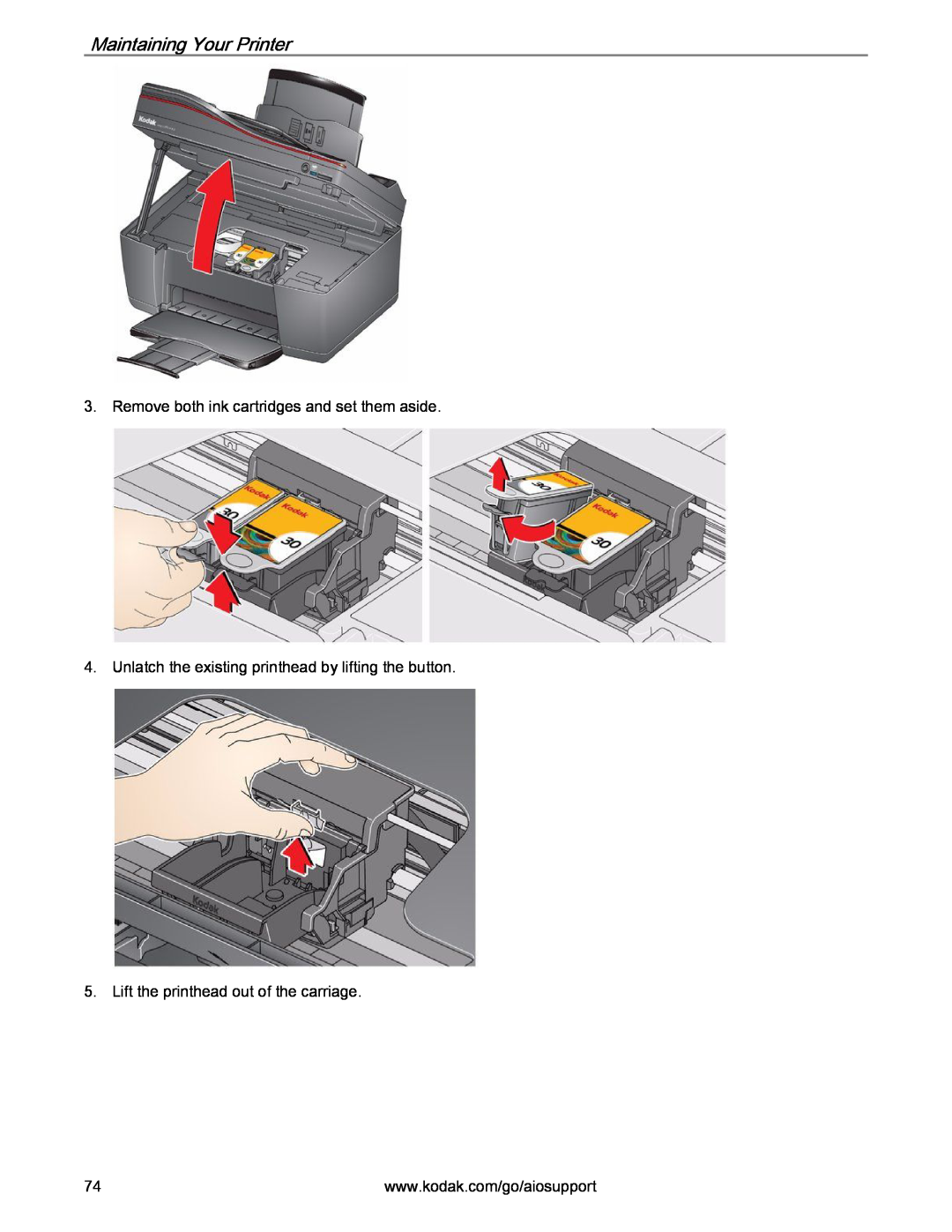 Kodak 2.2 Maintaining Your Printer, Remove both ink cartridges and set them aside, Lift the printhead out of the carriage 