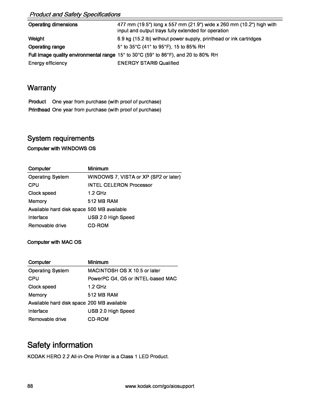 Kodak 2.2 manual Safety information, Warranty, System requirements, Operating dimensions, Weight, Operating range, Computer 