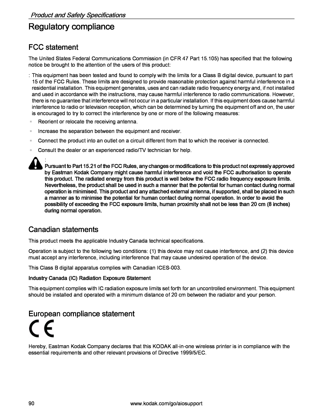 Kodak 2.2 manual Regulatory compliance, FCC statement, Canadian statements, European compliance statement 