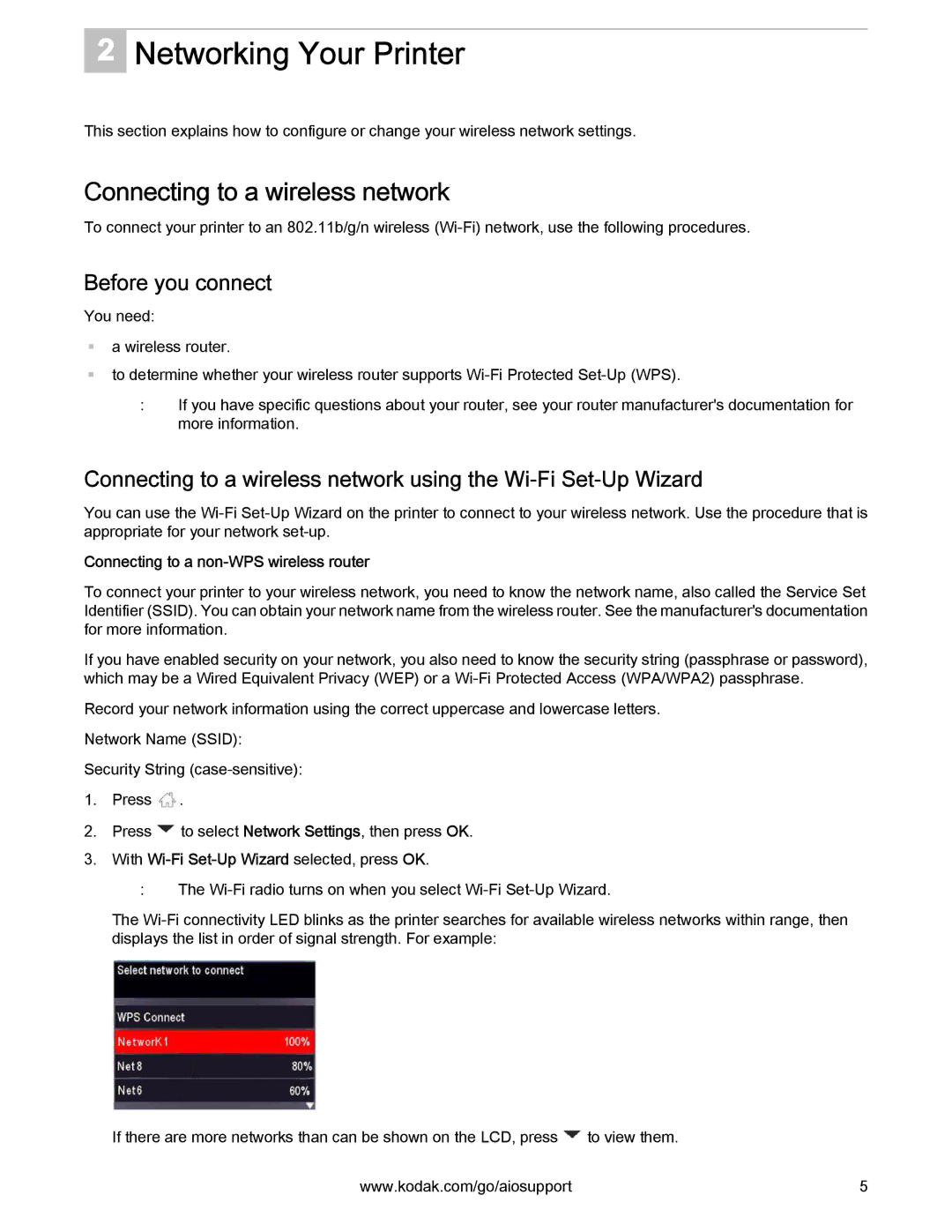 Kodak 2.2 manual Networking Your Printer, Connecting to a wireless network, Before you connect 