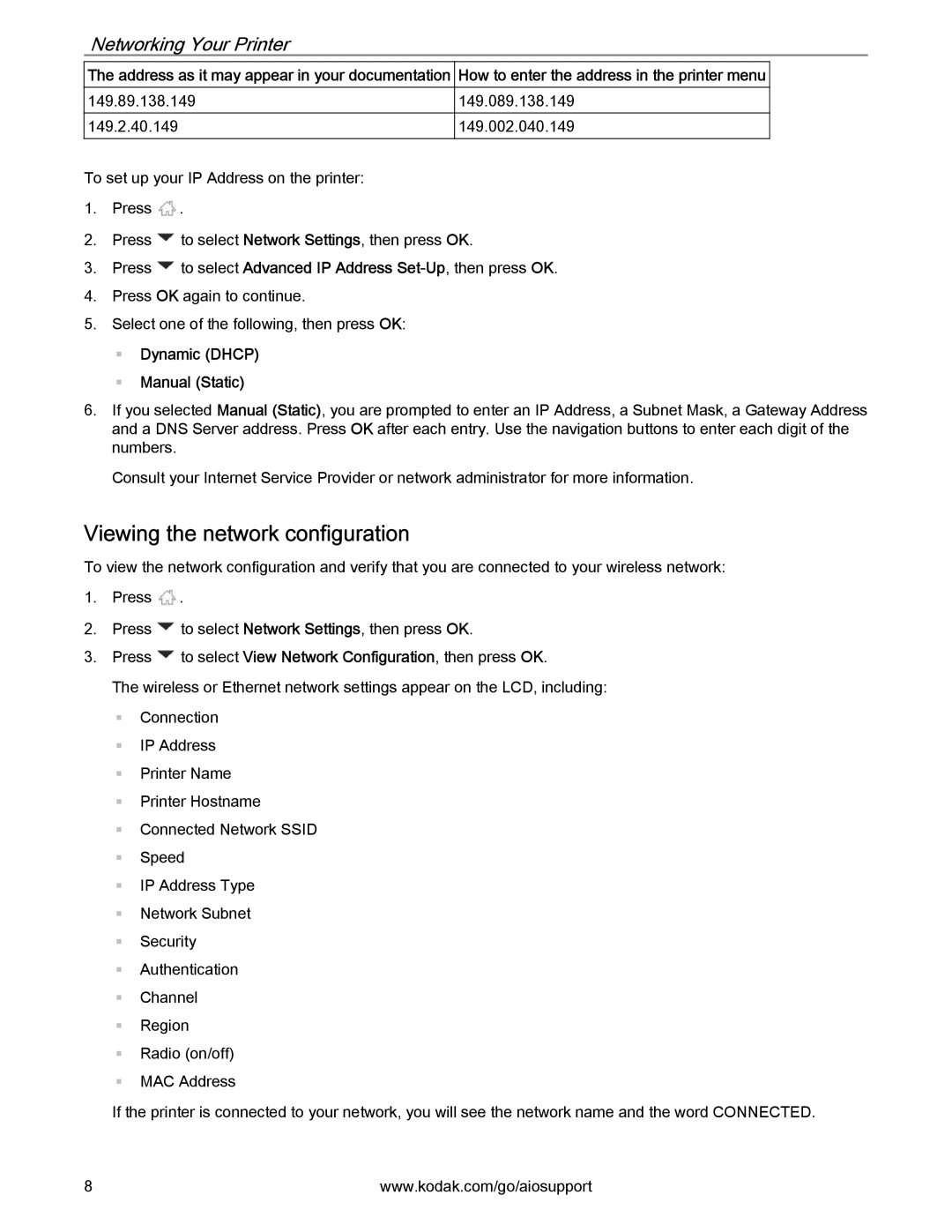 Kodak 2.2 manual Viewing the network configuration, Dynamic Dhcp Manual Static 