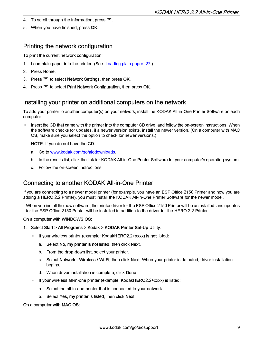 Kodak 2.2 manual Printing the network configuration, Connecting to another Kodak All-in-One Printer 