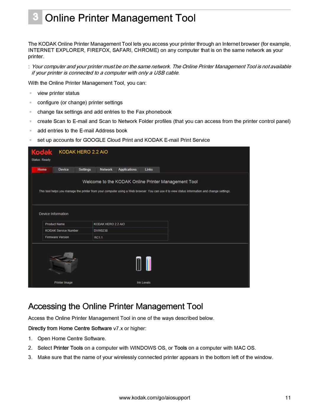 Kodak 2.2 manual Accessing the Online Printer Management Tool, Directly from Home Centre Software v7.x or higher 