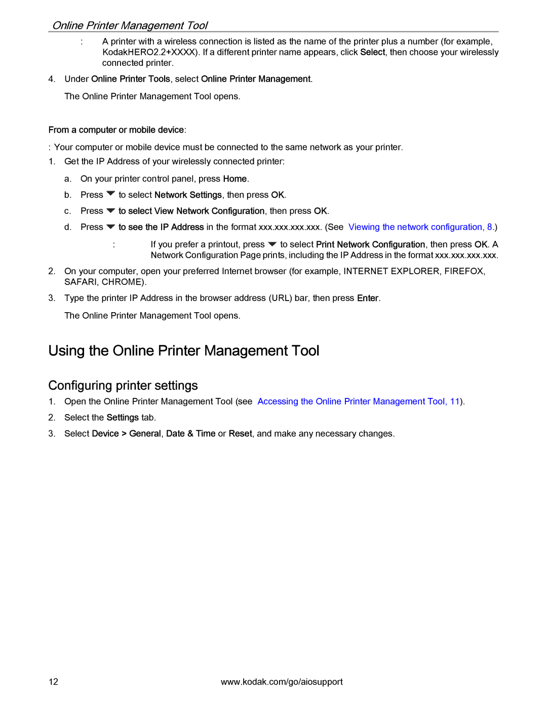 Kodak 2.2 manual Using the Online Printer Management Tool, Configuring printer settings 