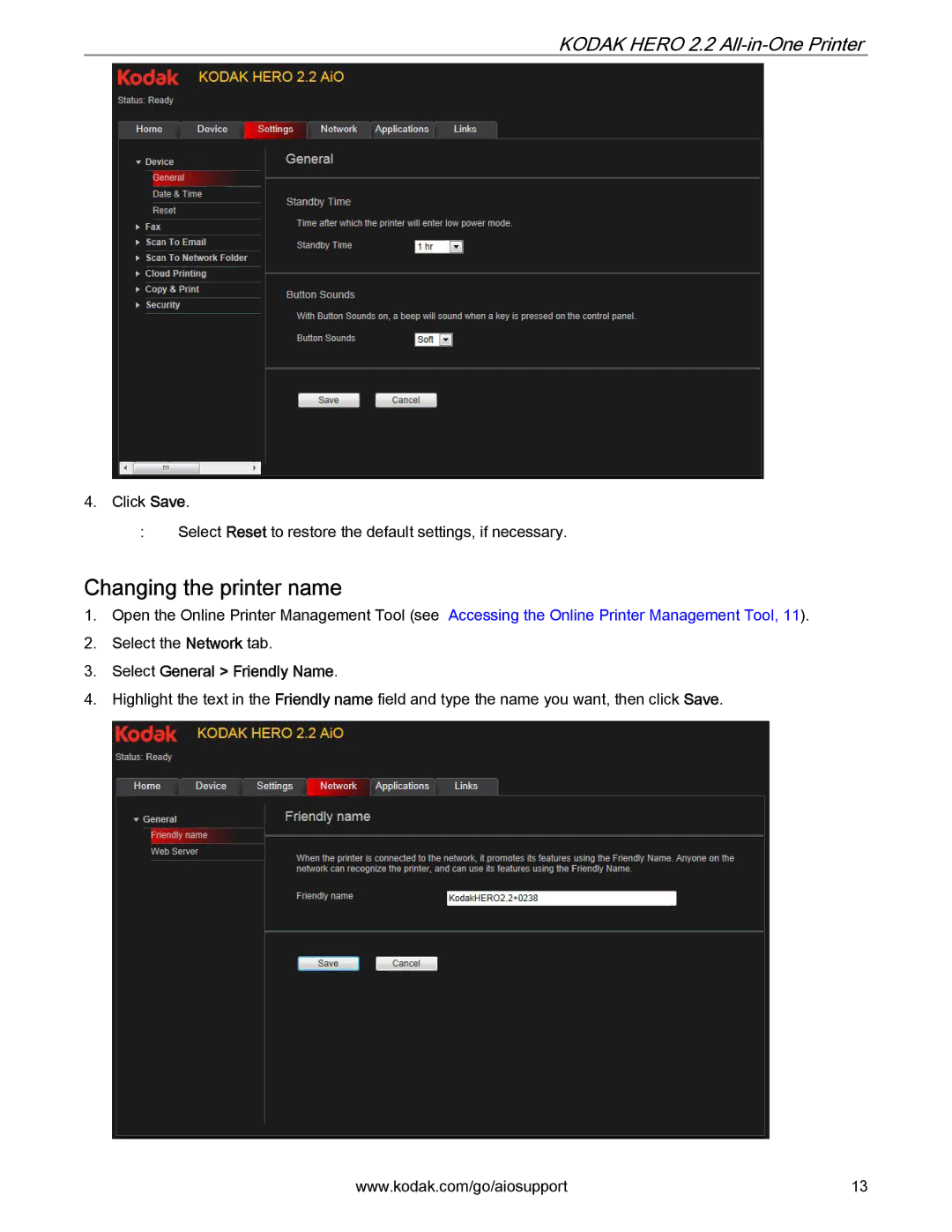 Kodak 2.2 manual Changing the printer name, Select General Friendly Name 