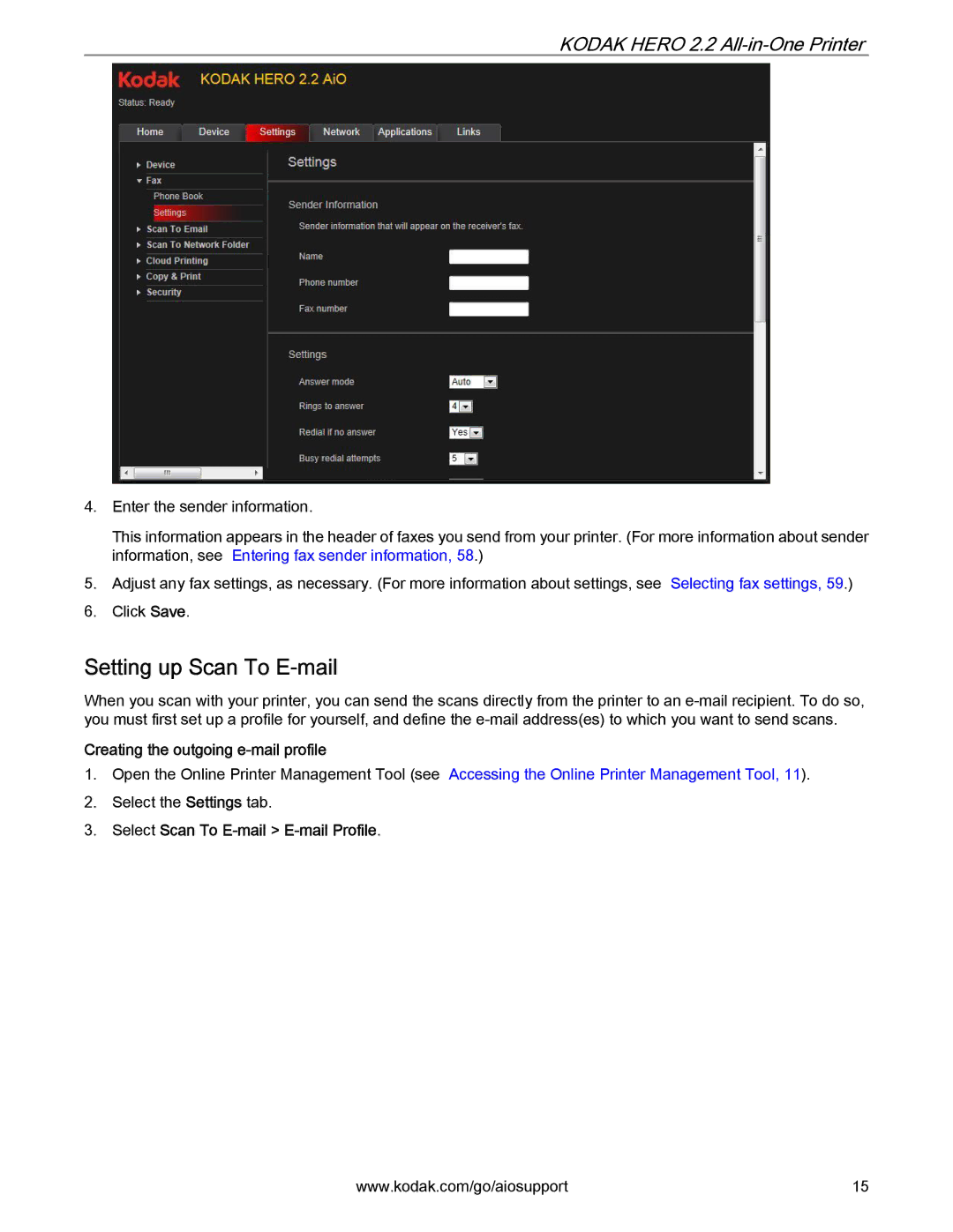 Kodak 2.2 manual Setting up Scan To E-mail, Creating the outgoing e-mail profile, Select Scan To E-mail E-mail Profile 