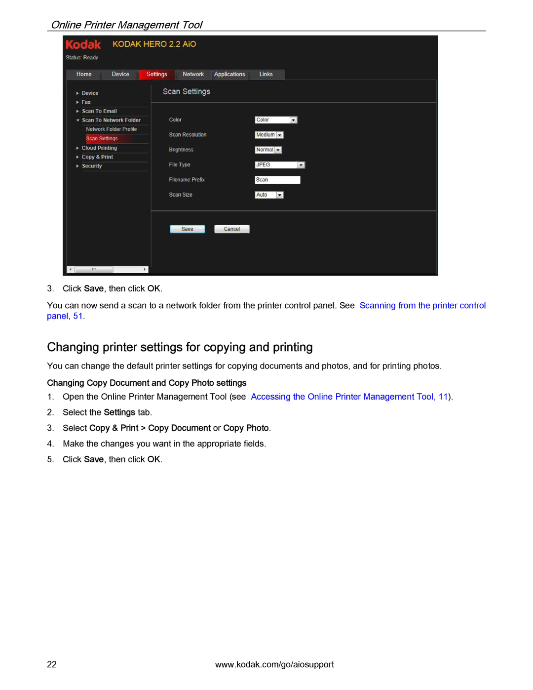 Kodak 2.2 manual Changing printer settings for copying and printing, Changing Copy Document and Copy Photo settings 