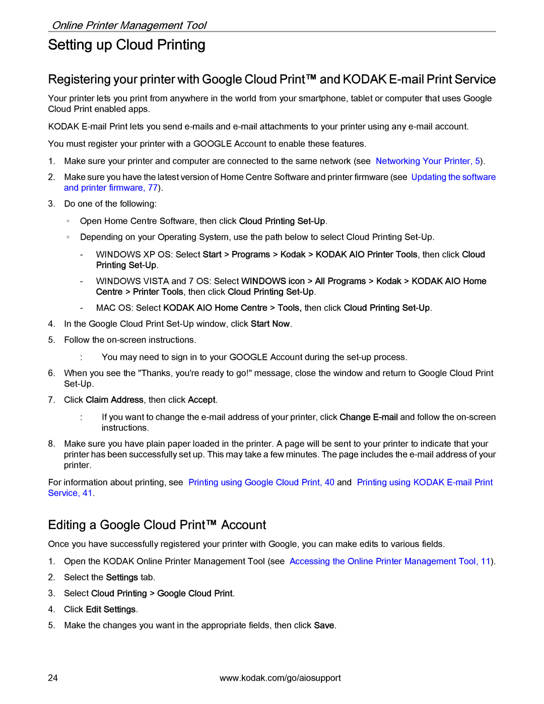 Kodak 2.2 manual Setting up Cloud Printing, Editing a Google Cloud Print Account 