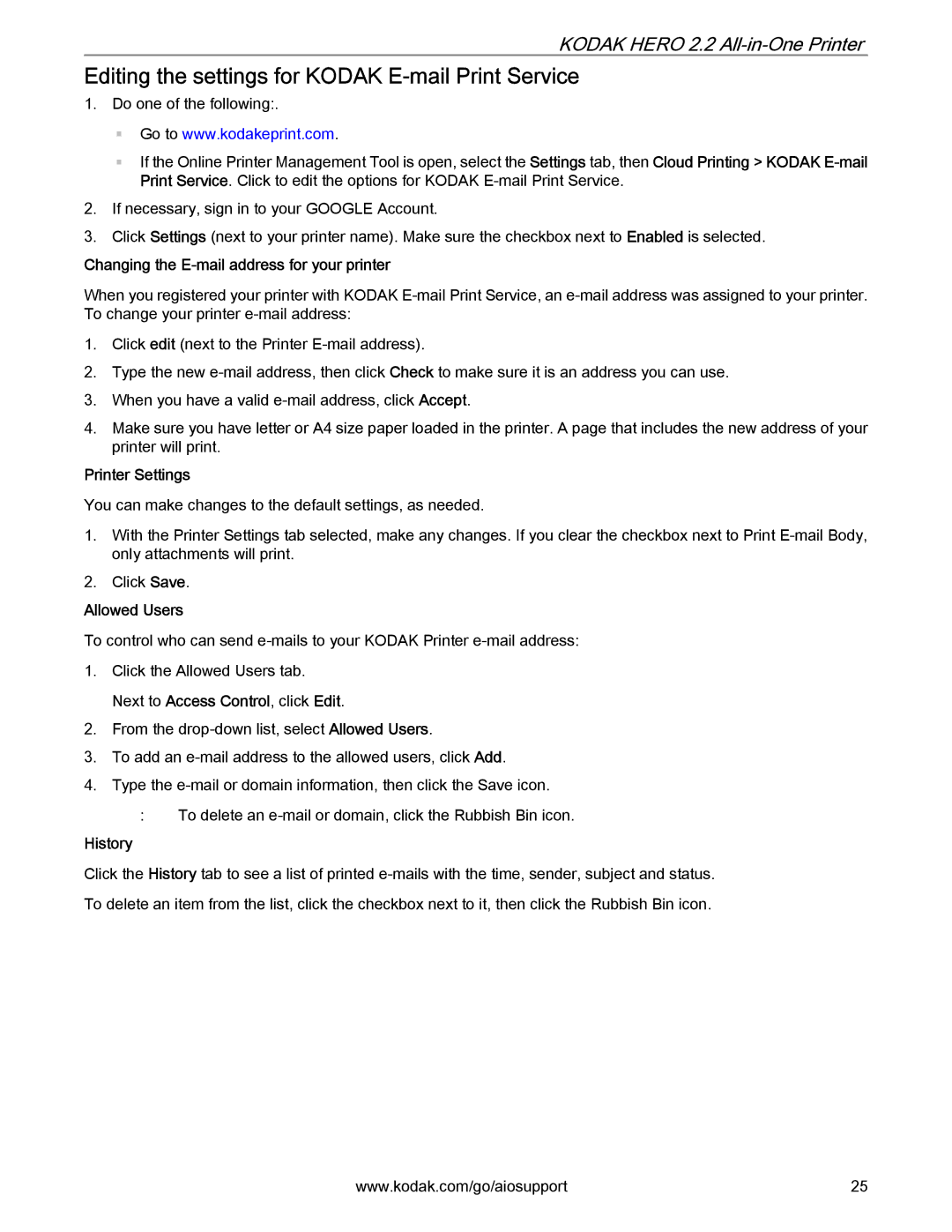 Kodak 2.2 Editing the settings for Kodak E-mail Print Service, Changing the E-mail address for your printer, Allowed Users 