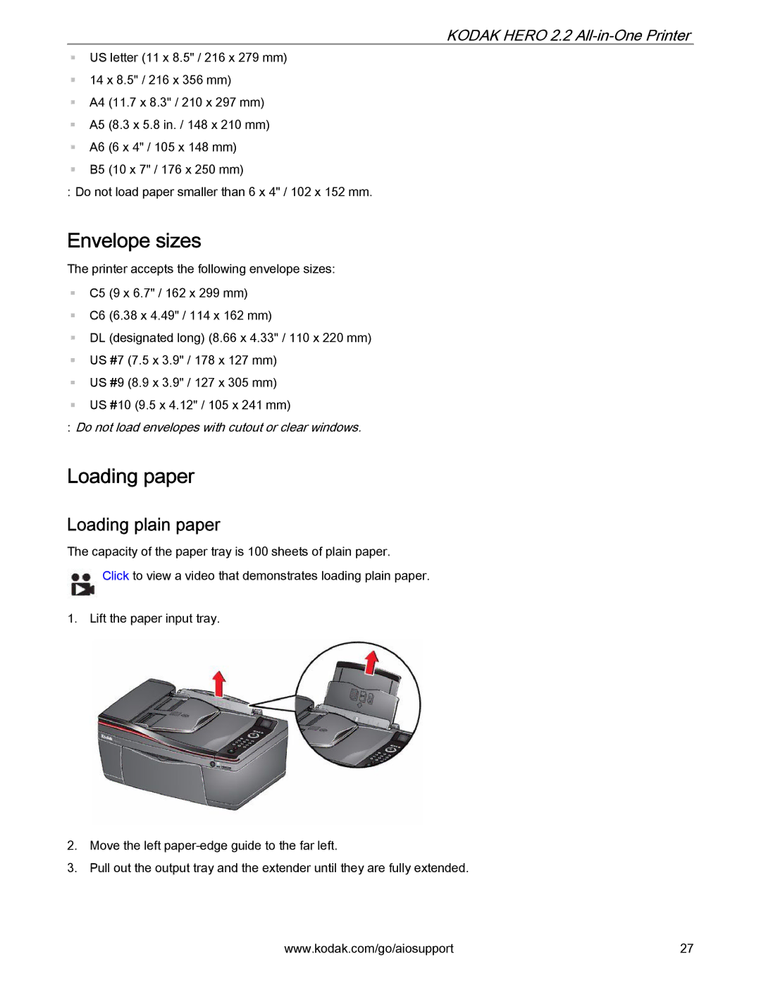 Kodak 2.2 manual Envelope sizes, Loading paper, Loading plain paper 