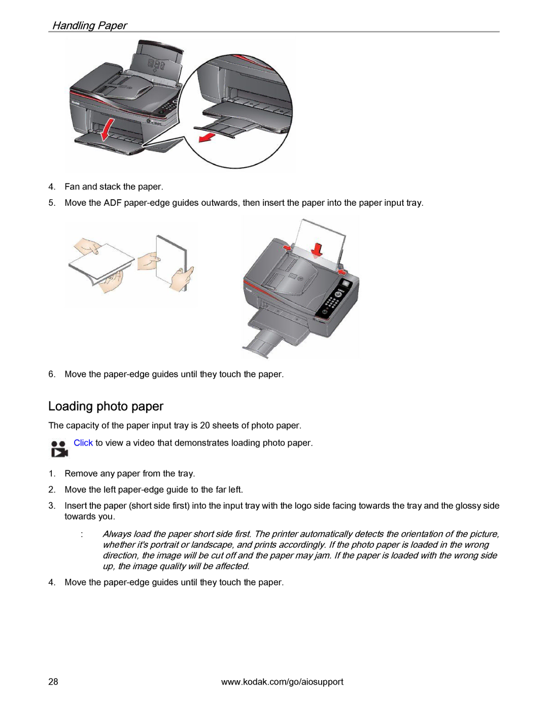 Kodak 2.2 manual Loading photo paper, Handling Paper 