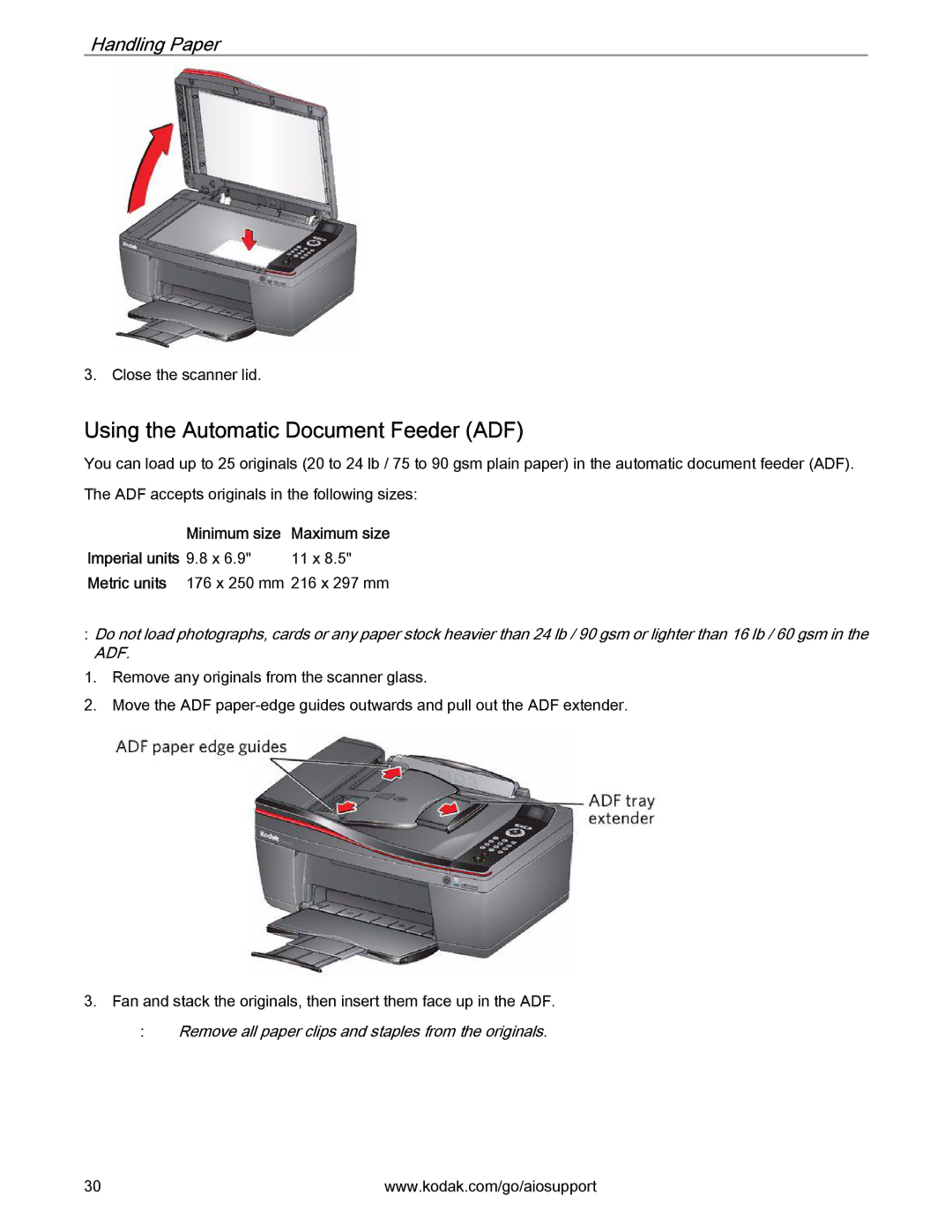 Kodak 2.2 manual Using the Automatic Document Feeder ADF, Minimum size Maximum size Imperial units 9.8 x 11 x 