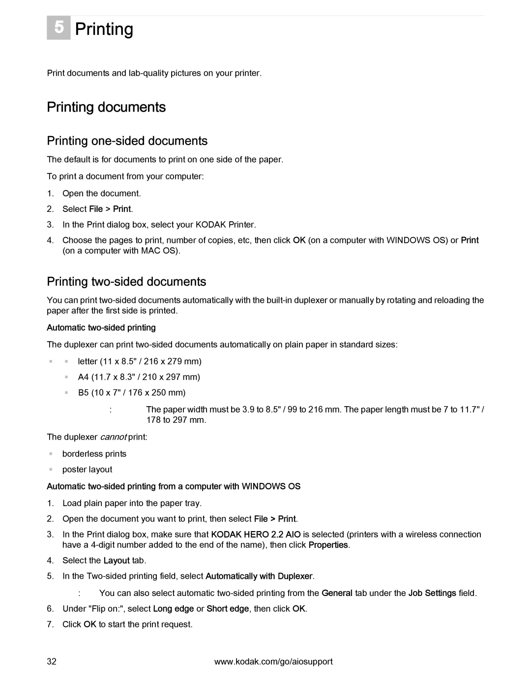 Kodak 2.2 Printing documents, Printing one-sided documents, Printing two-sided documents, Automatic two-sided printing 