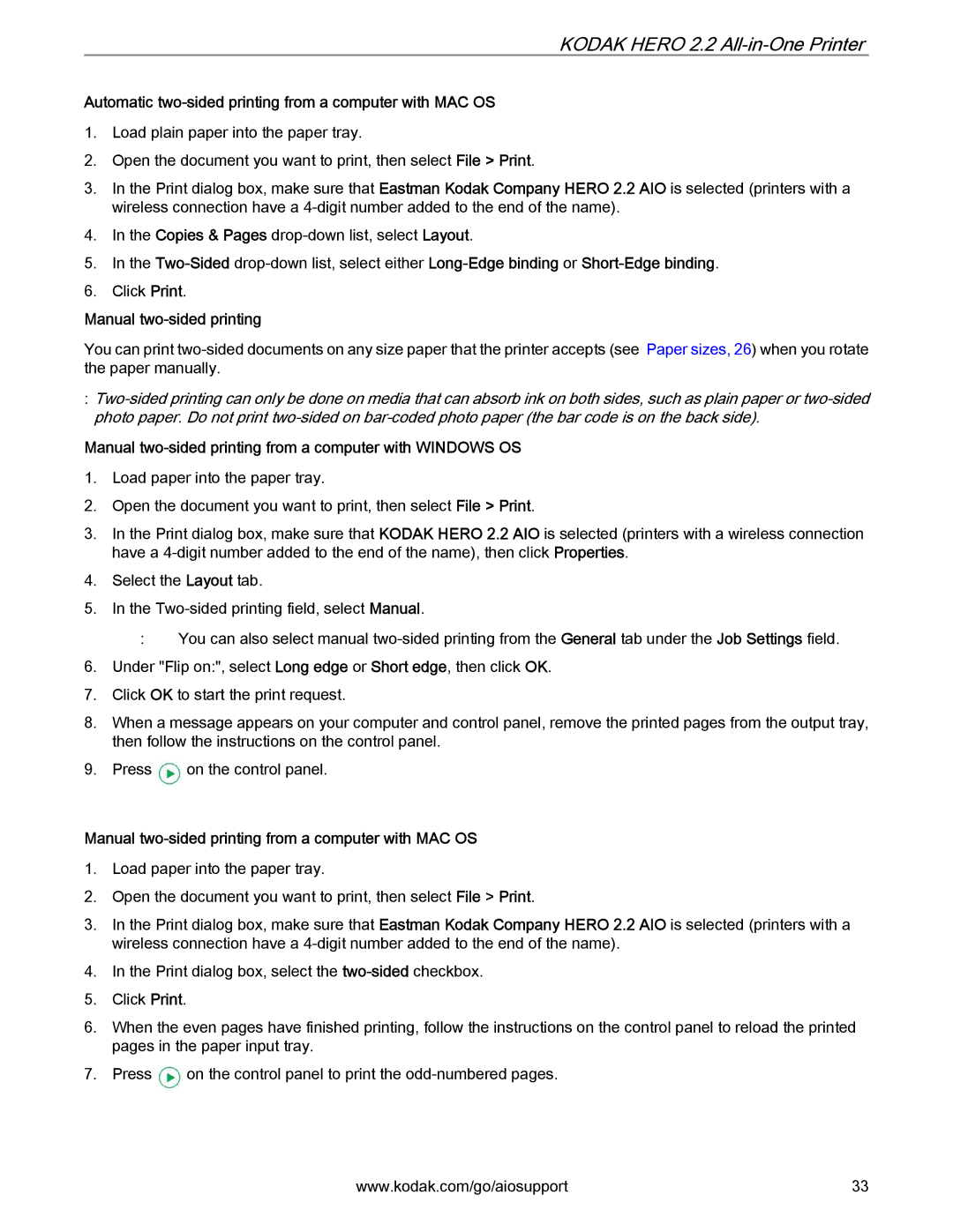 Kodak 2.2 manual Automatic two-sided printing from a computer with MAC OS, Manual two-sided printing 