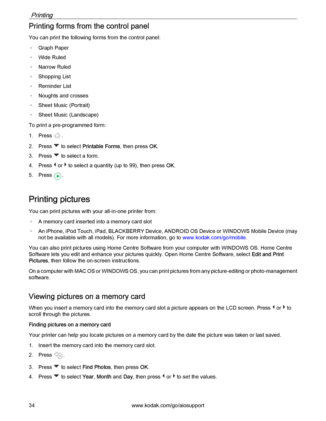 Kodak 2.2 manual Printing pictures, Printing forms from the control panel, Viewing pictures on a memory card 