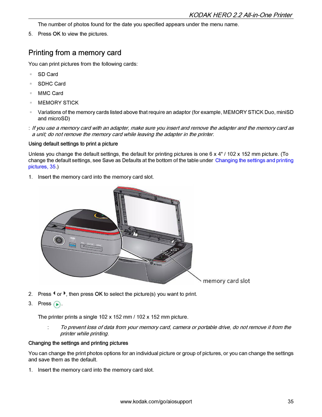 Kodak 2.2 manual Printing from a memory card, Using default settings to print a picture 