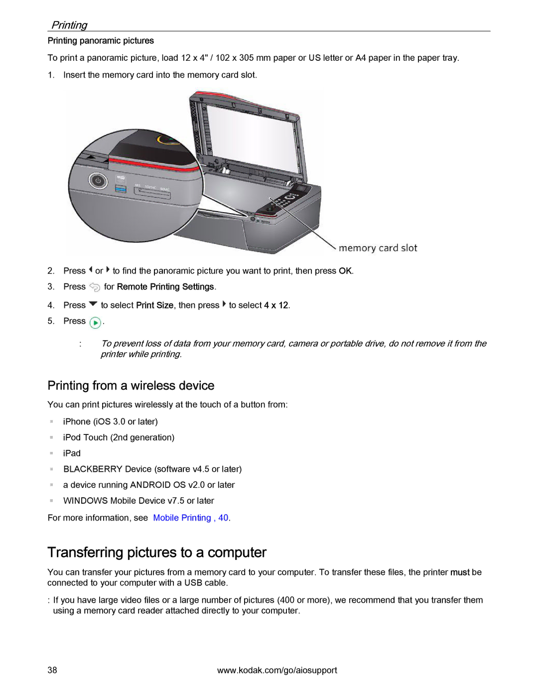 Kodak 2.2 manual Transferring pictures to a computer, Printing from a wireless device, Printing panoramic pictures 