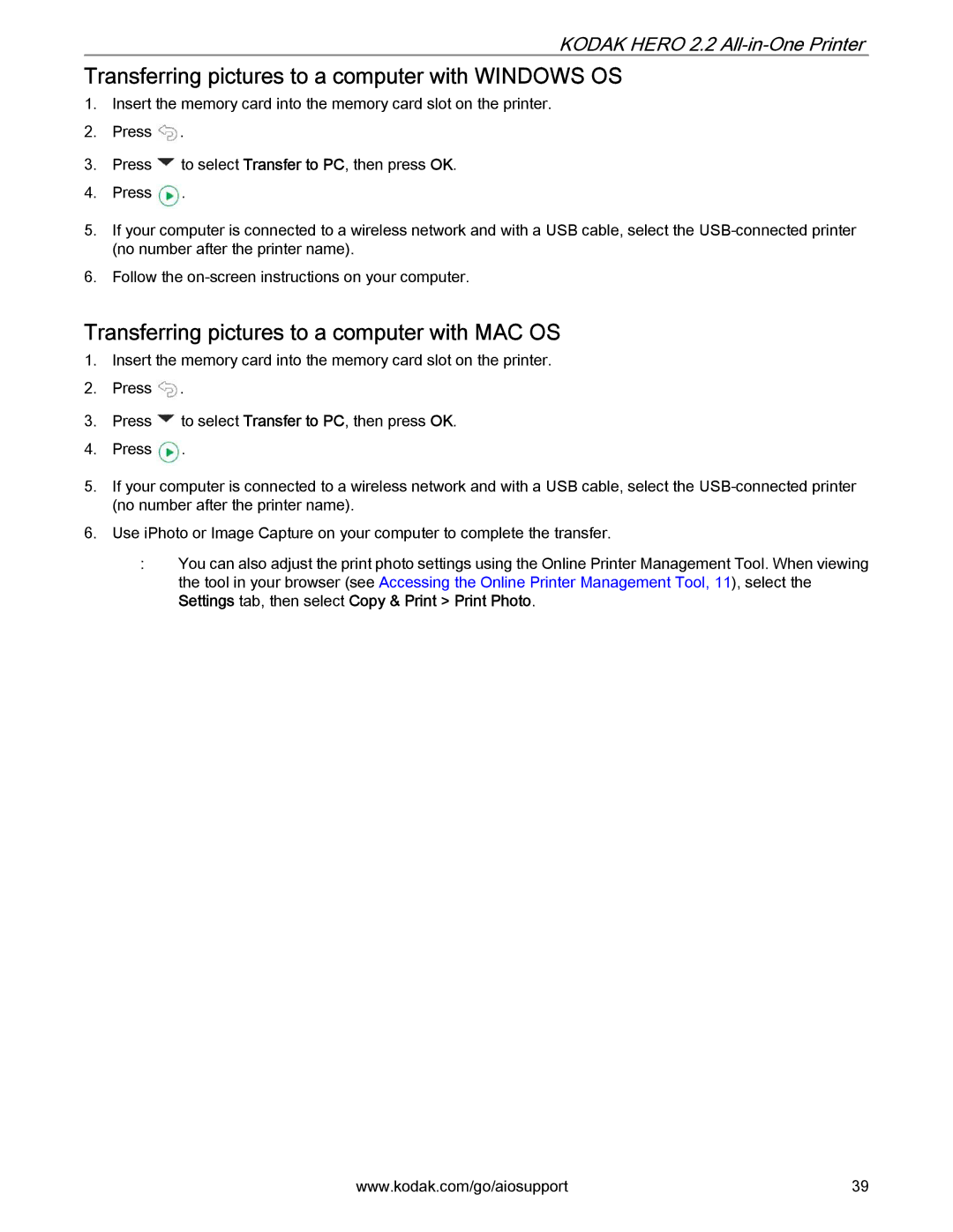 Kodak 2.2 manual Transferring pictures to a computer with Windows OS, Transferring pictures to a computer with MAC OS 