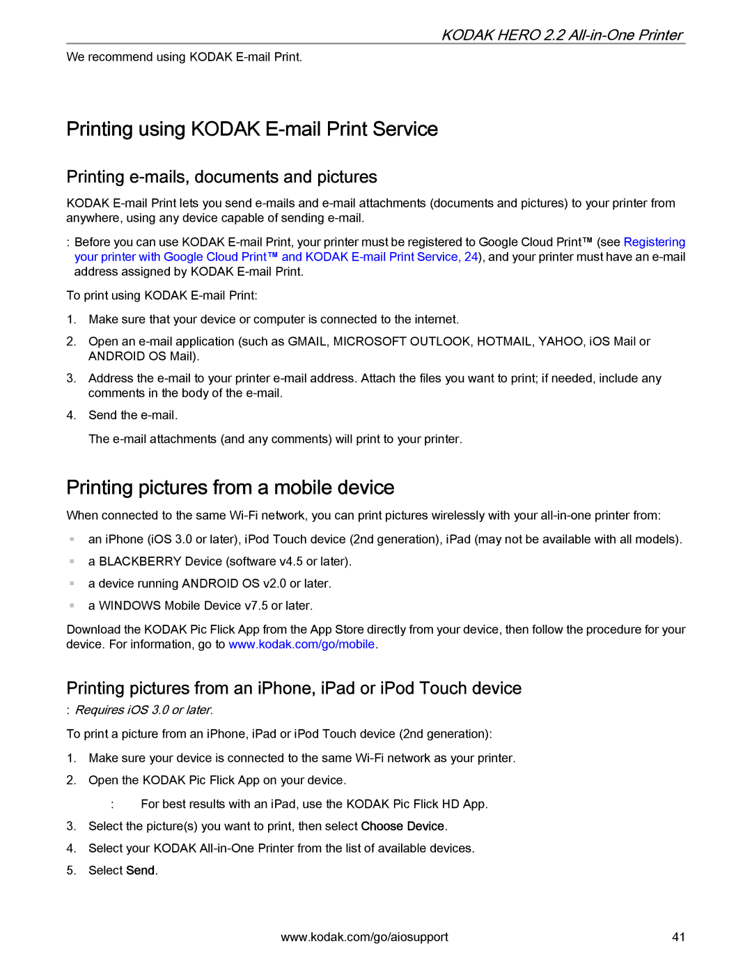 Kodak 2.2 manual Printing using Kodak E-mail Print Service, Printing pictures from a mobile device 