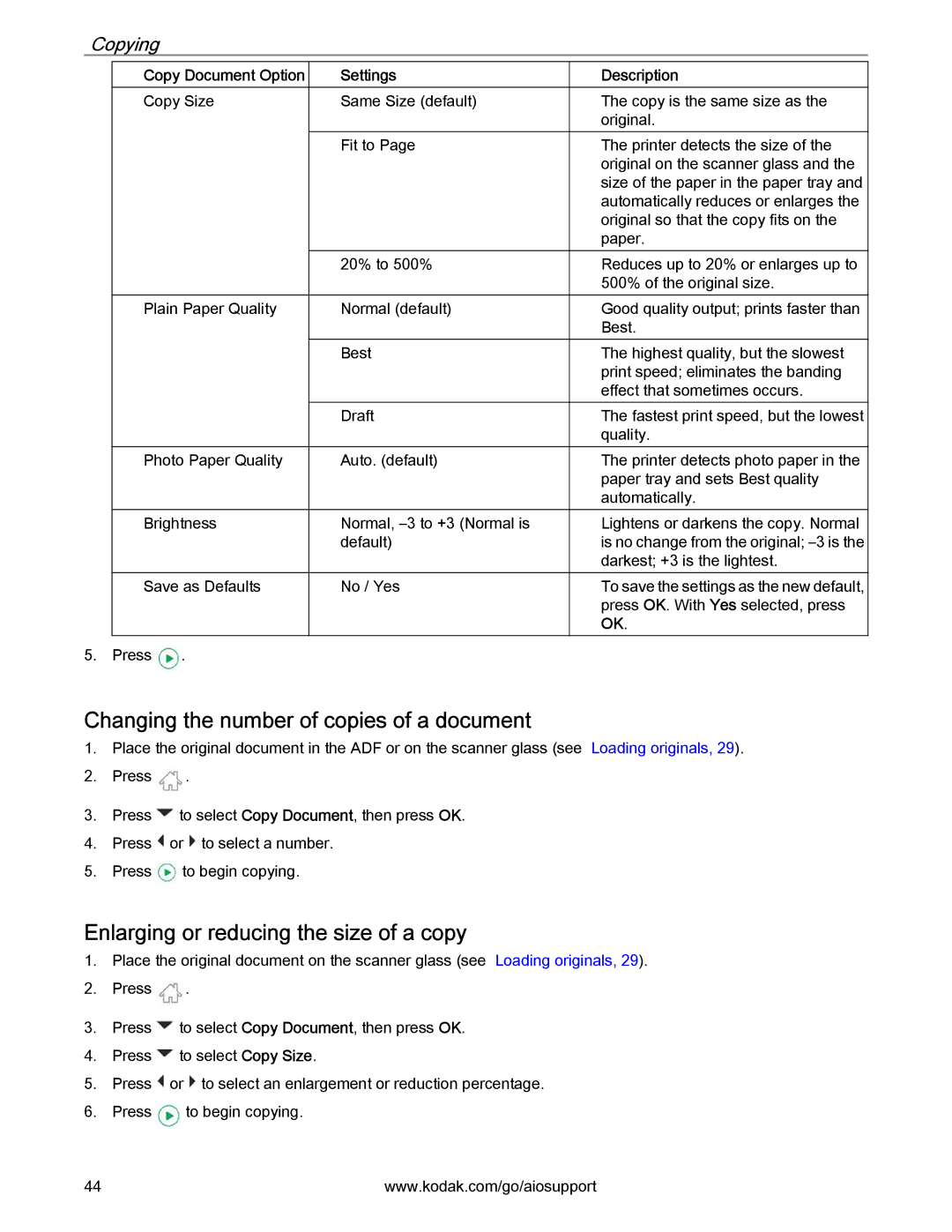 Kodak 2.2 manual Changing the number of copies of a document, Enlarging or reducing the size of a copy, Copying 