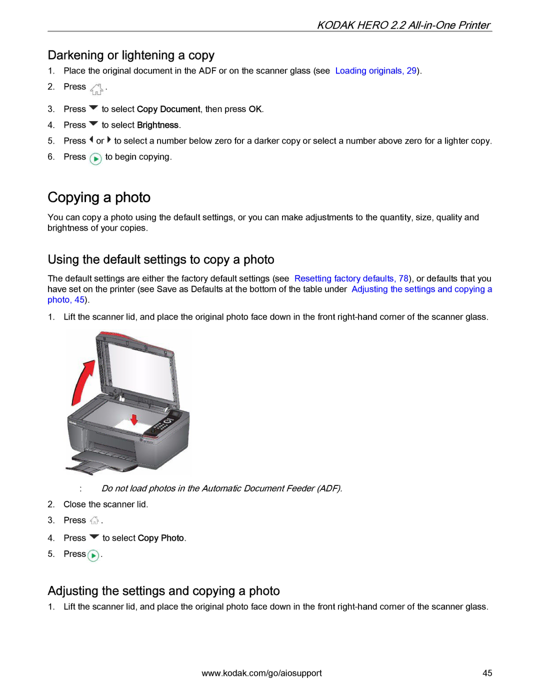 Kodak 2.2 manual Copying a photo, Darkening or lightening a copy, Using the default settings to copy a photo 