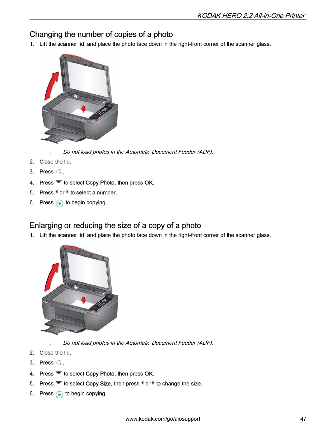 Kodak 2.2 manual Changing the number of copies of a photo, Enlarging or reducing the size of a copy of a photo 