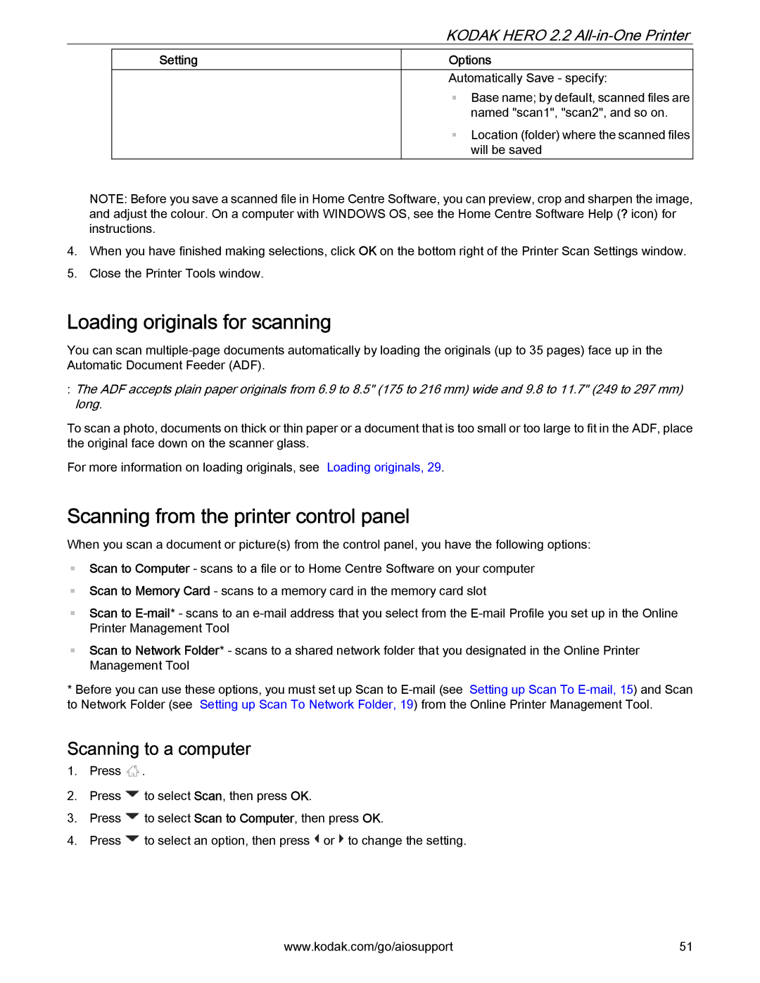 Kodak 2.2 Loading originals for scanning, Scanning from the printer control panel, Scanning to a computer, Setting Options 