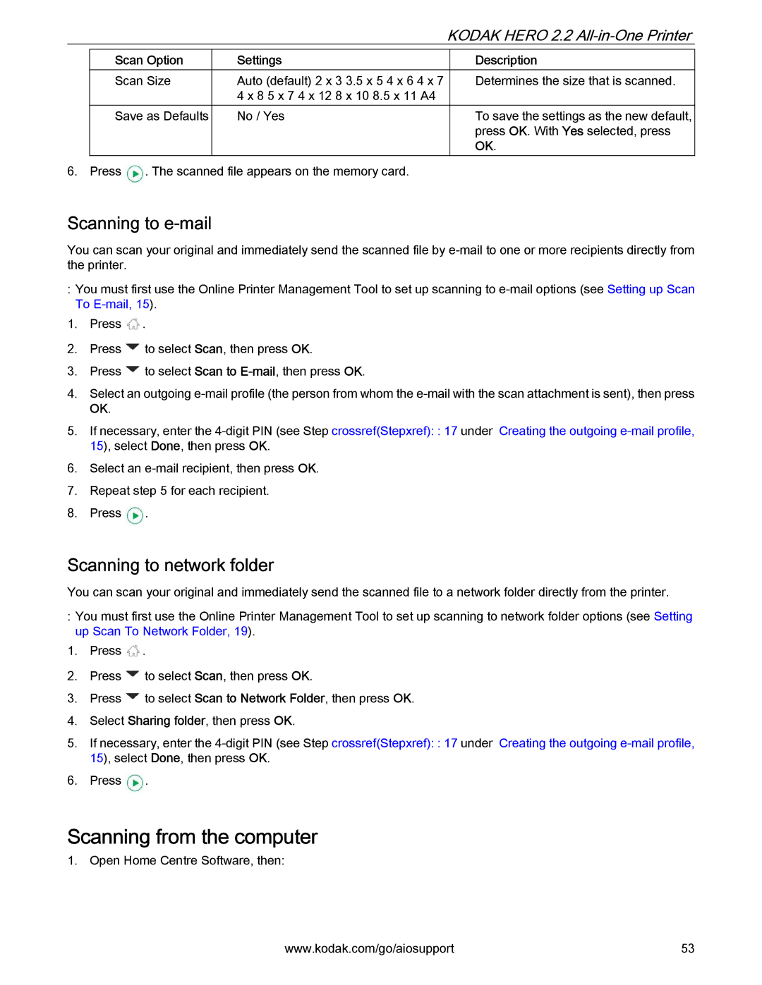 Kodak 2.2 manual Scanning from the computer, Scanning to e-mail, Scanning to network folder, Scan Option Settings 