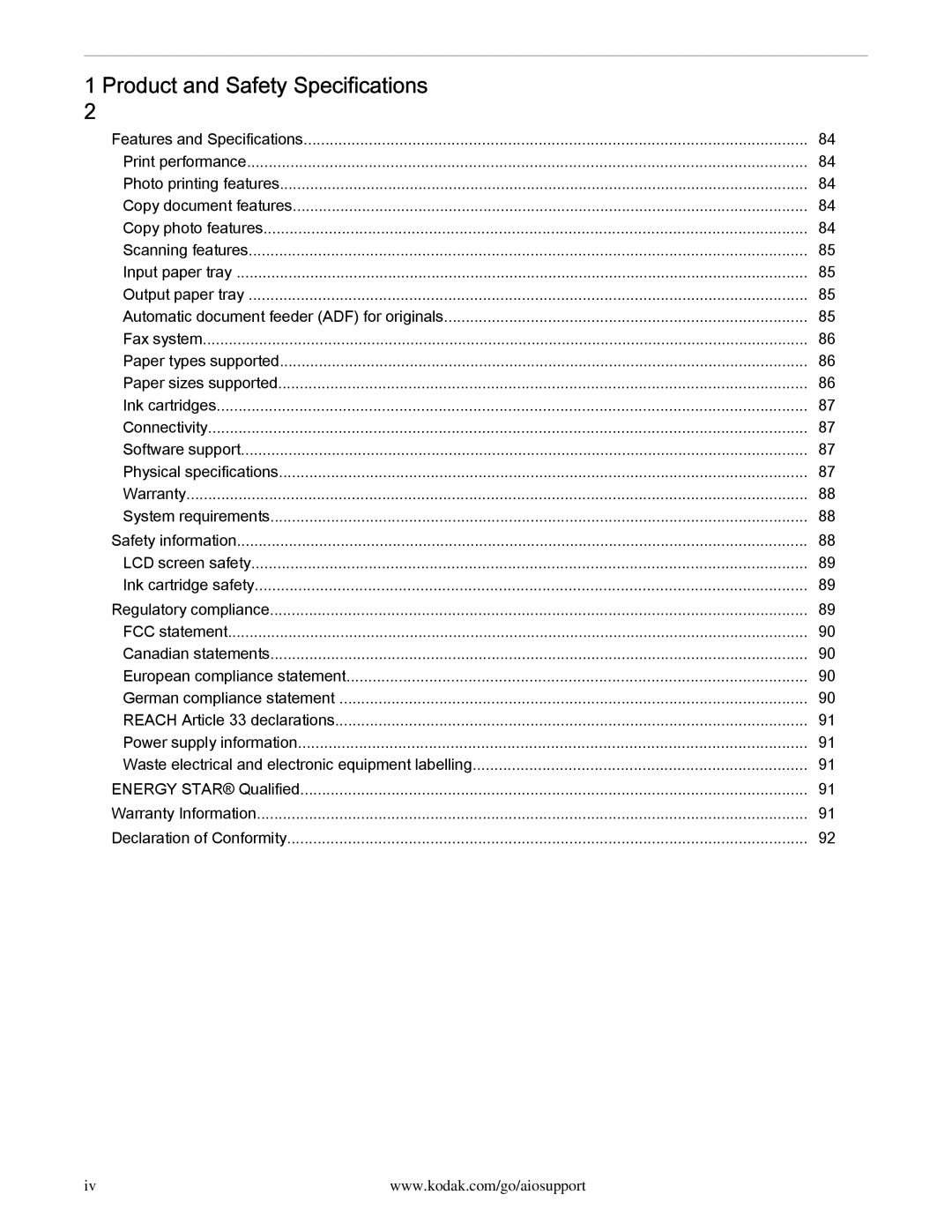 Kodak 2.2 manual Product and Safety Specifications 