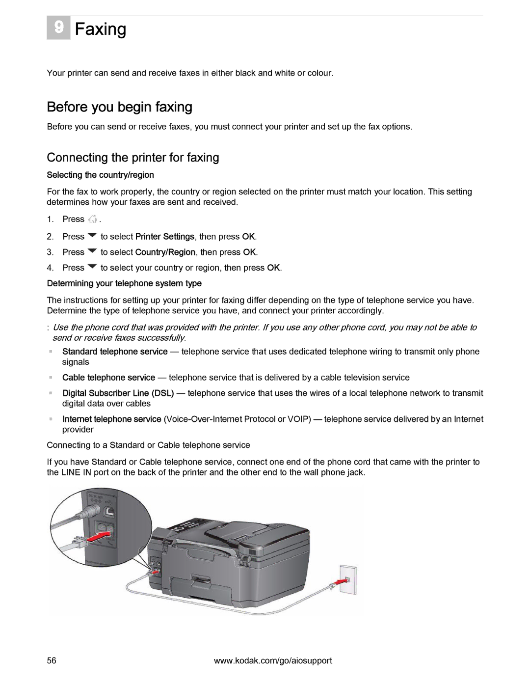 Kodak 2.2 manual Faxing, Before you begin faxing, Connecting the printer for faxing, Selecting the country/region 