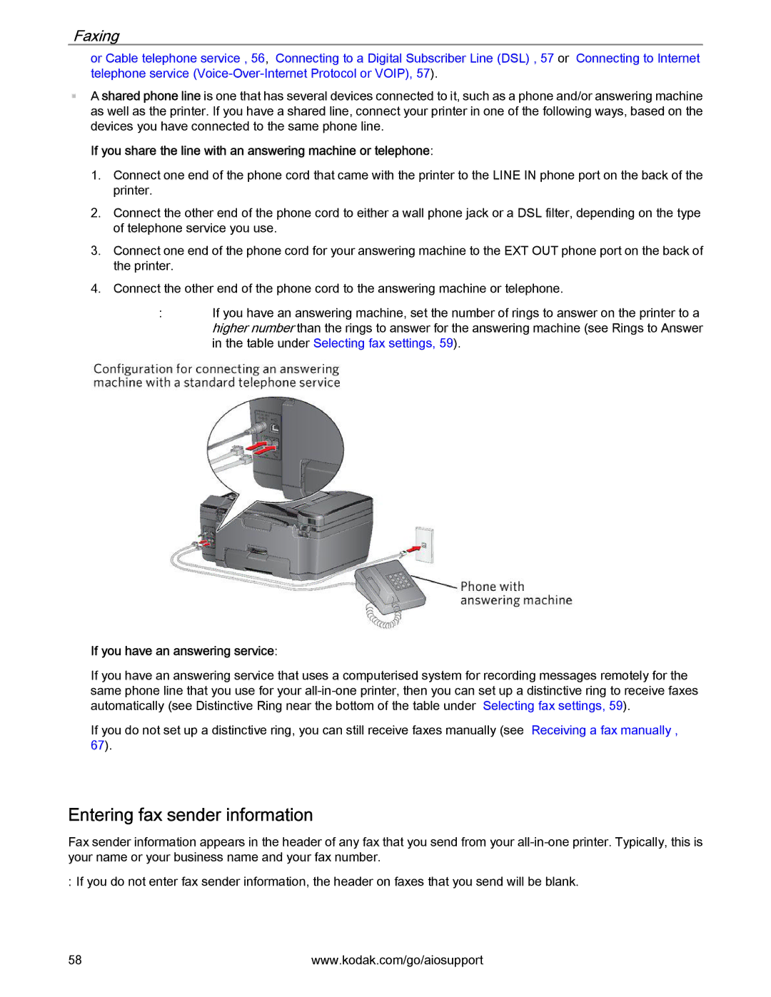 Kodak 2.2 manual Entering fax sender information, Faxing, If you have an answering service 