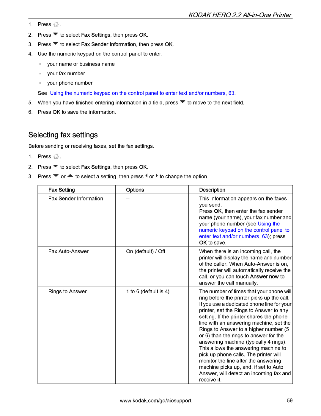 Kodak 2.2 manual Selecting fax settings, Fax Setting 