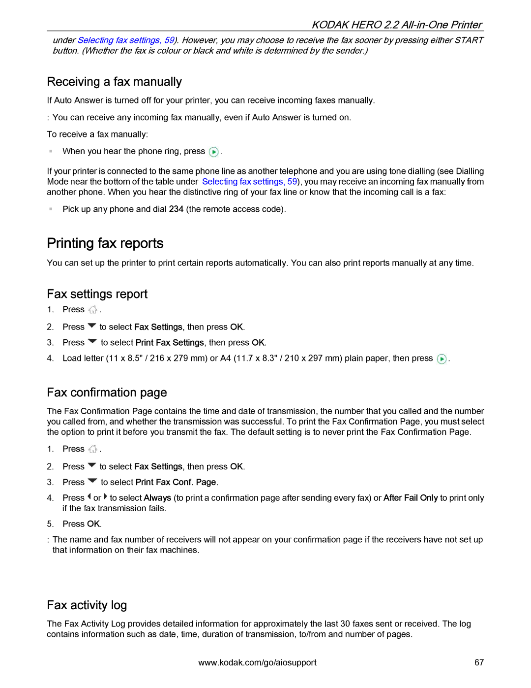 Kodak 2.2 Printing fax reports, Receiving a fax manually, Fax settings report, Fax confirmation, Fax activity log 