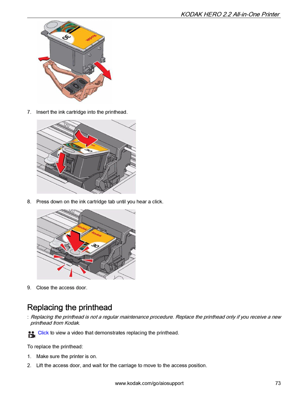 Kodak 2.2 manual Replacing the printhead 