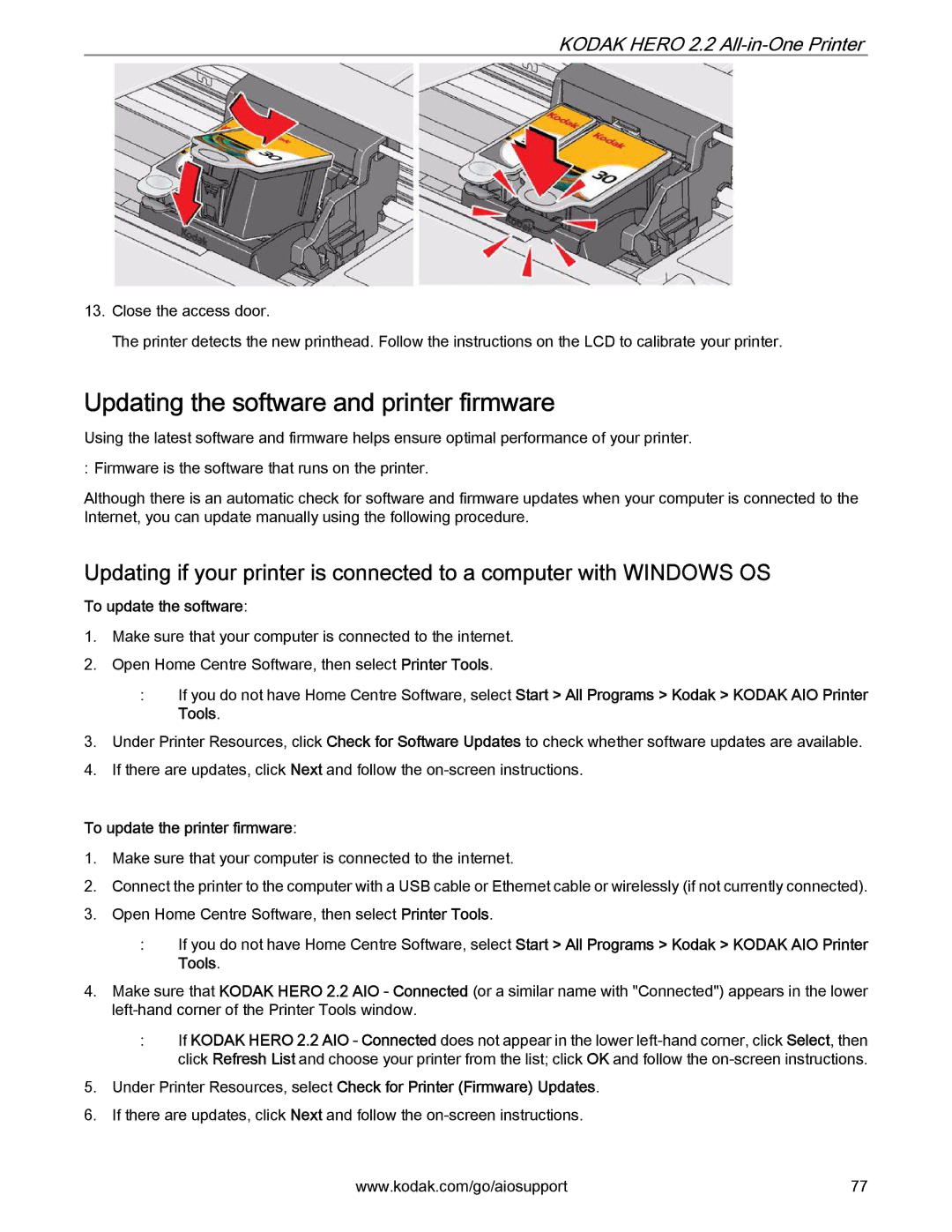 Kodak 2.2 manual Updating the software and printer firmware, To update the software, To update the printer firmware 