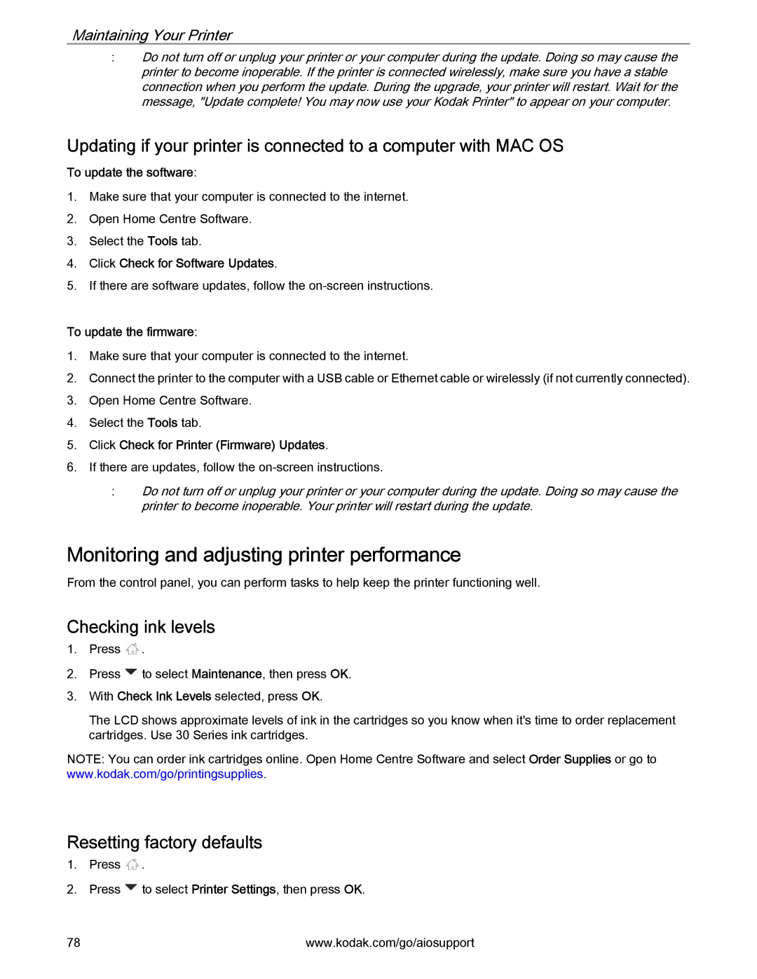 Kodak 2.2 manual Monitoring and adjusting printer performance, Checking ink levels, Resetting factory defaults 