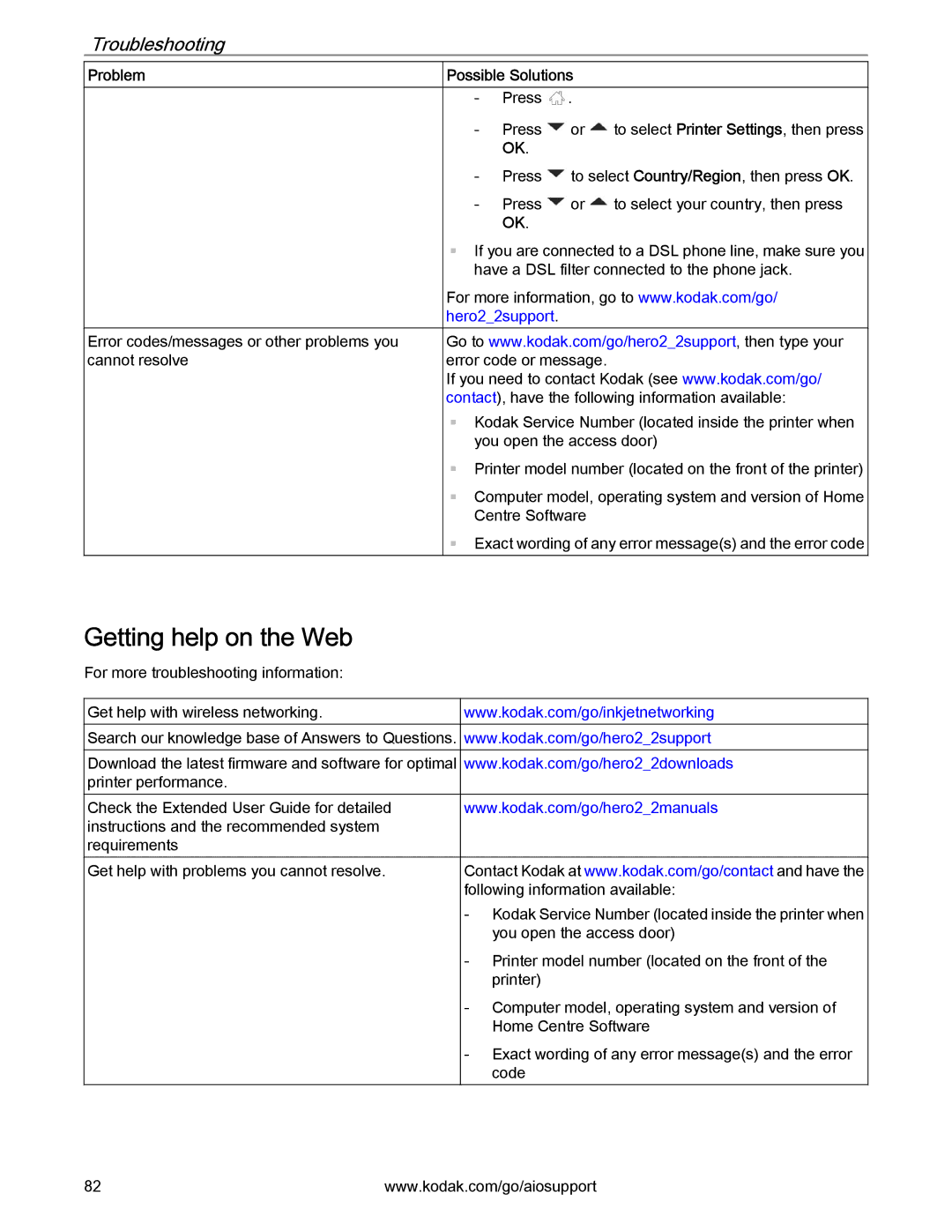 Kodak 2.2 manual Getting help on the Web, Troubleshooting 