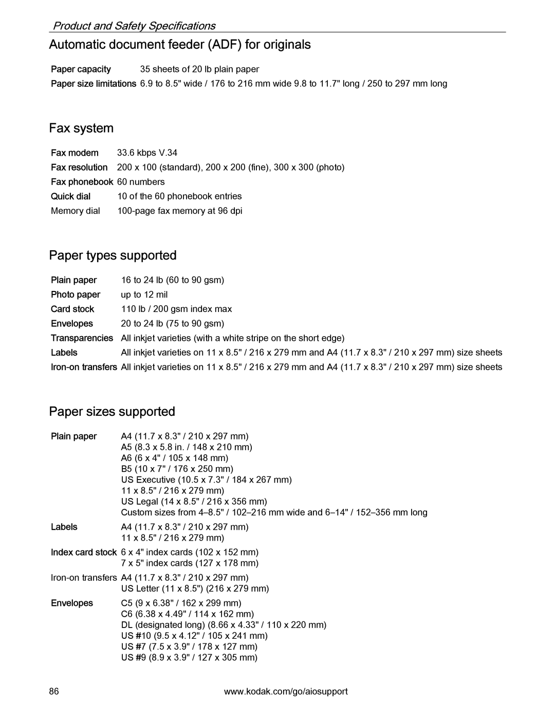 Kodak 2.2 manual Automatic document feeder ADF for originals, Fax system, Paper types supported, Paper sizes supported 