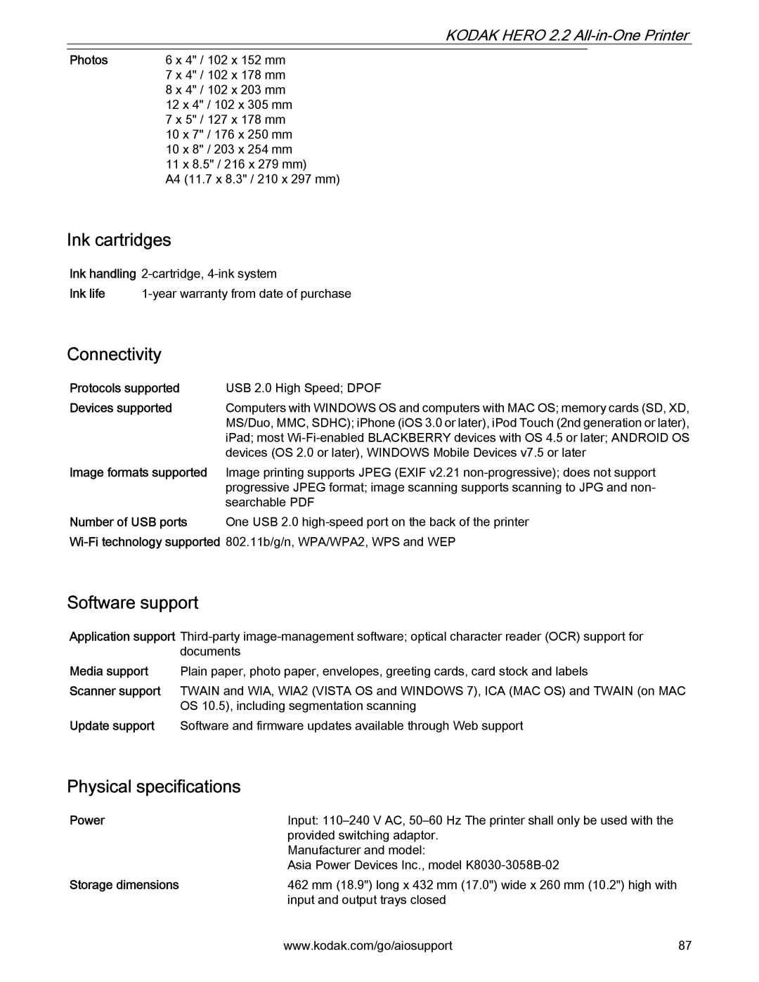 Kodak 2.2 manual Ink cartridges, Connectivity, Software support, Physical specifications 